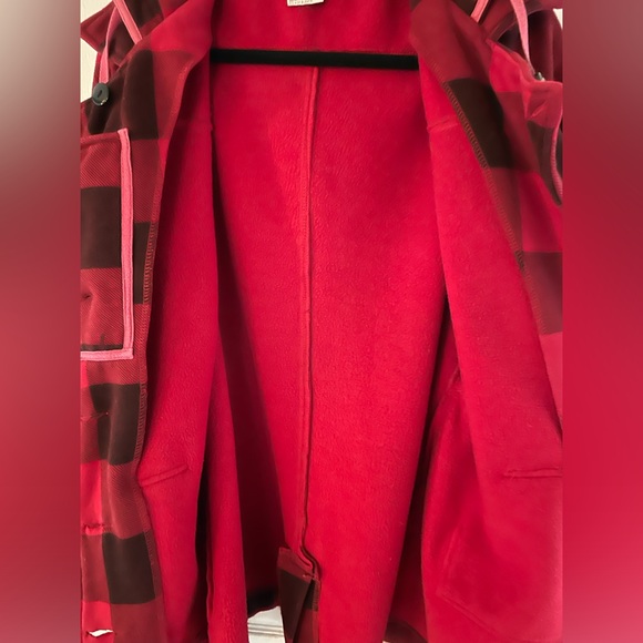 XL Vintage red plaid fleece coat with hood and belt - Picture 2 of 5